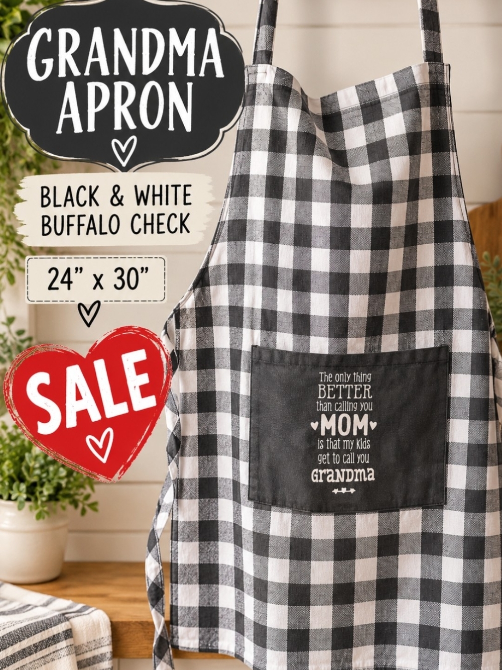 Grandma Black & White Buffalo Check Apron with Pocket